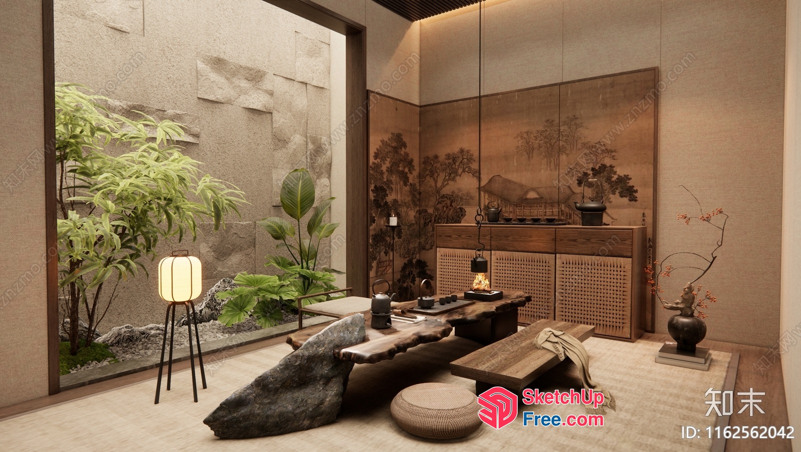 Modern Japanese-Inspired Living Room With Natural Elements 3D SketchUp File