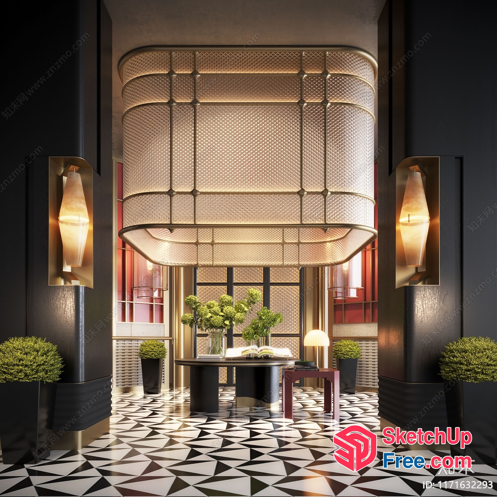 Geometric Patterned Floor And Elegant Lighting Fixture 3D SketchUp File