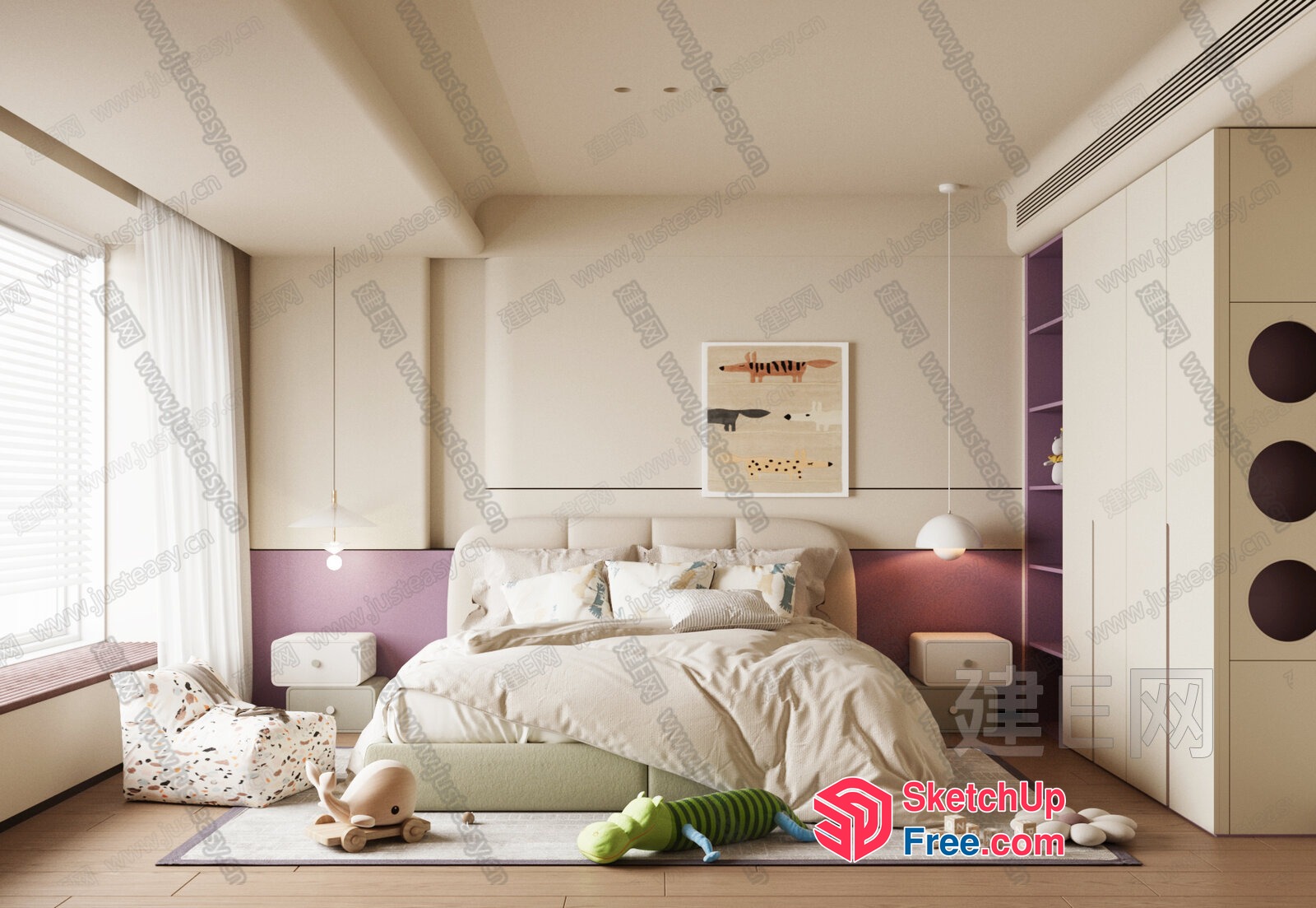 Minimalist Style Bedroom With Bed And Pillows 3D SketchUp File