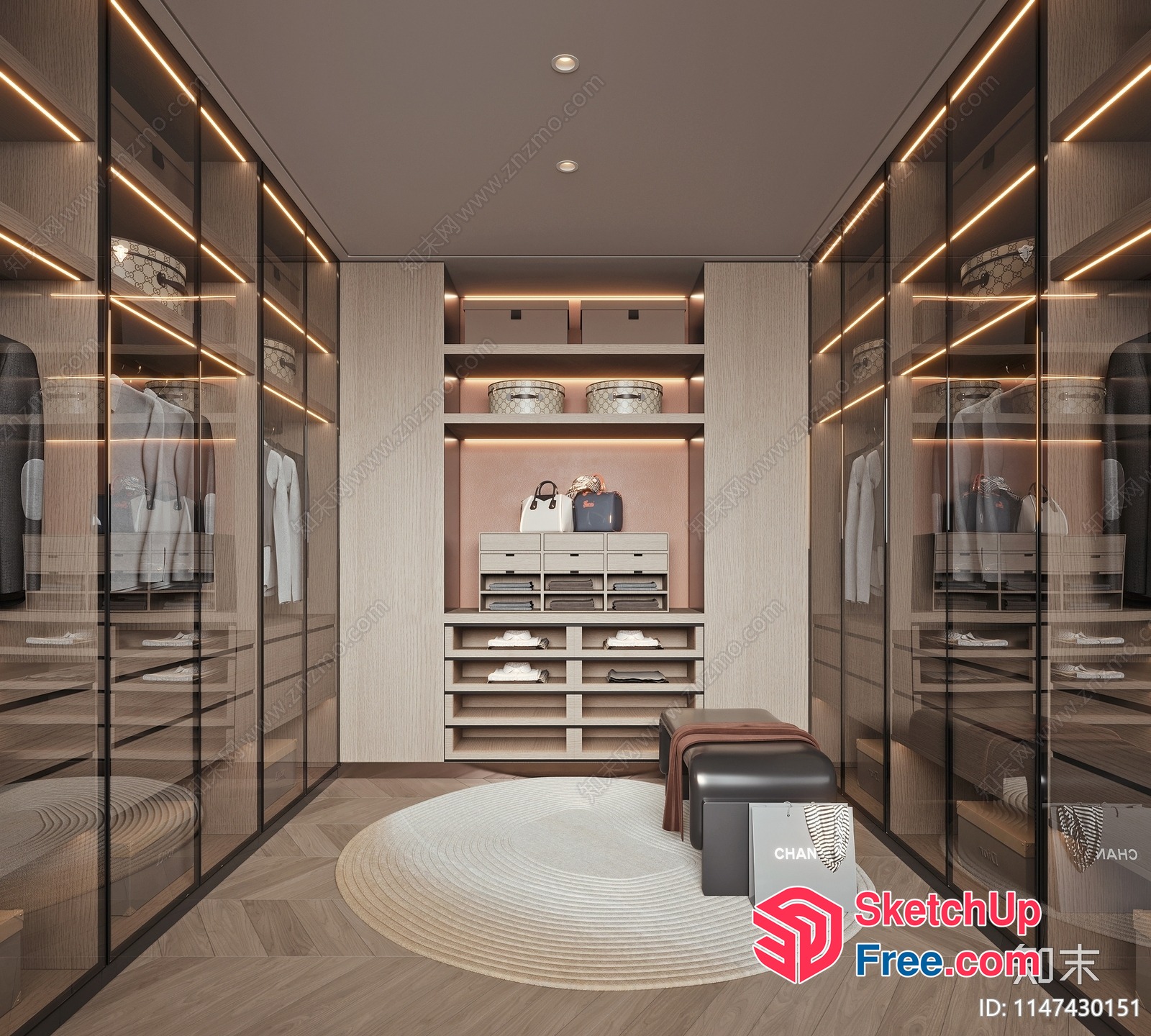 Modern Luxury Closet With Glass Doors And Led Lighting 3D SketchUp File