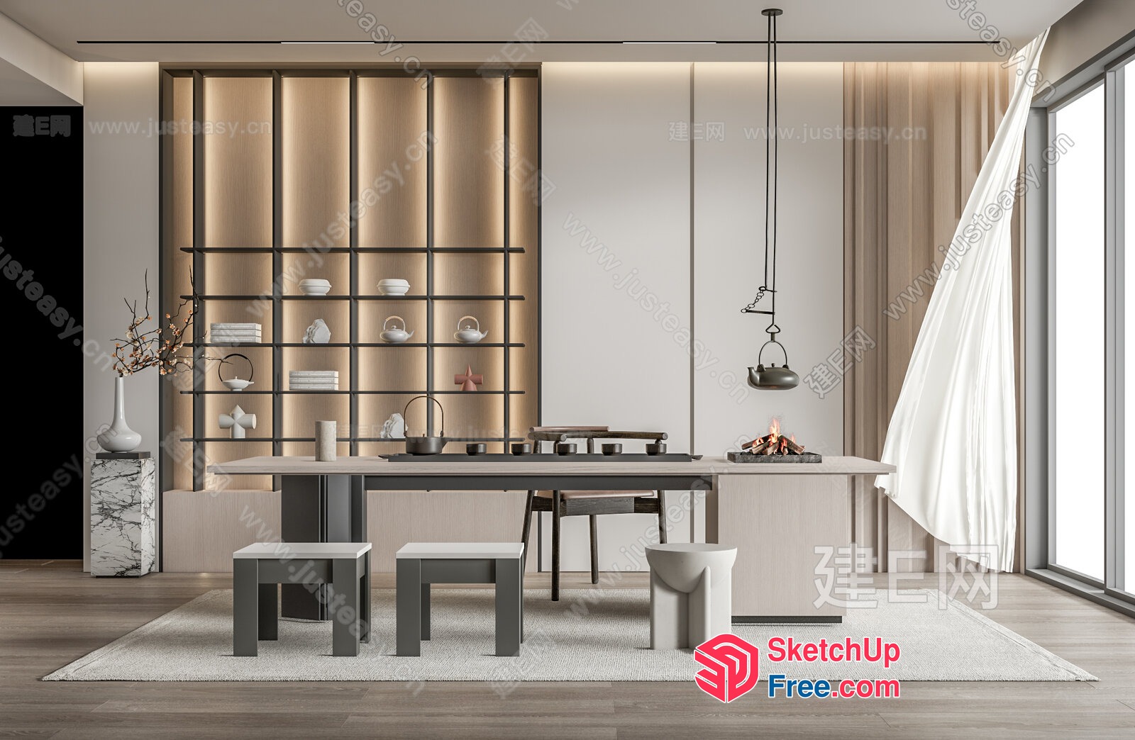 Minimalist Japanese Style Dining Room With Modern Shelving 3D SketchUp File