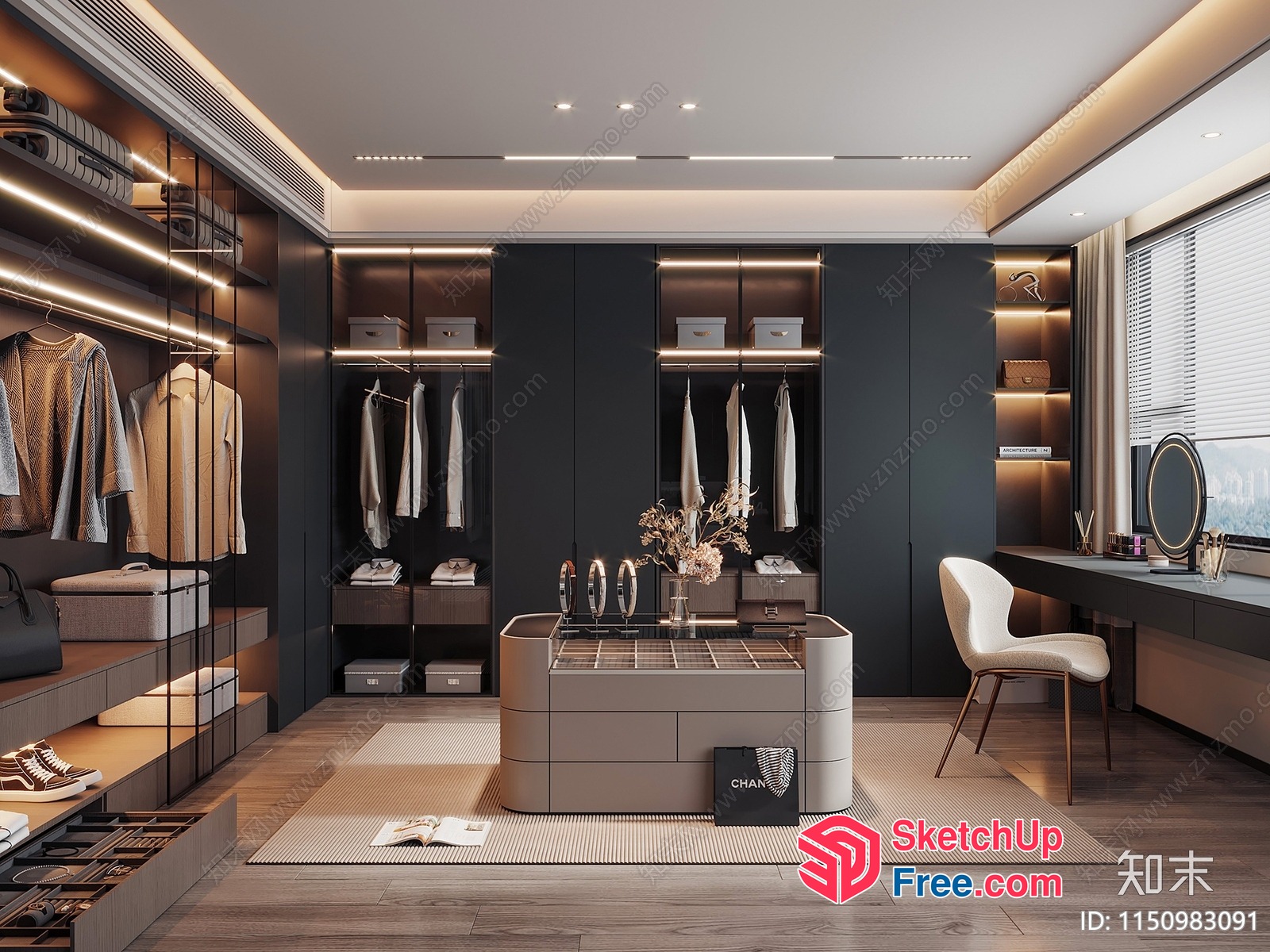 Modern Minimalist Dark Grey And White Wardrobe And Dressing Table 3D SketchUp File