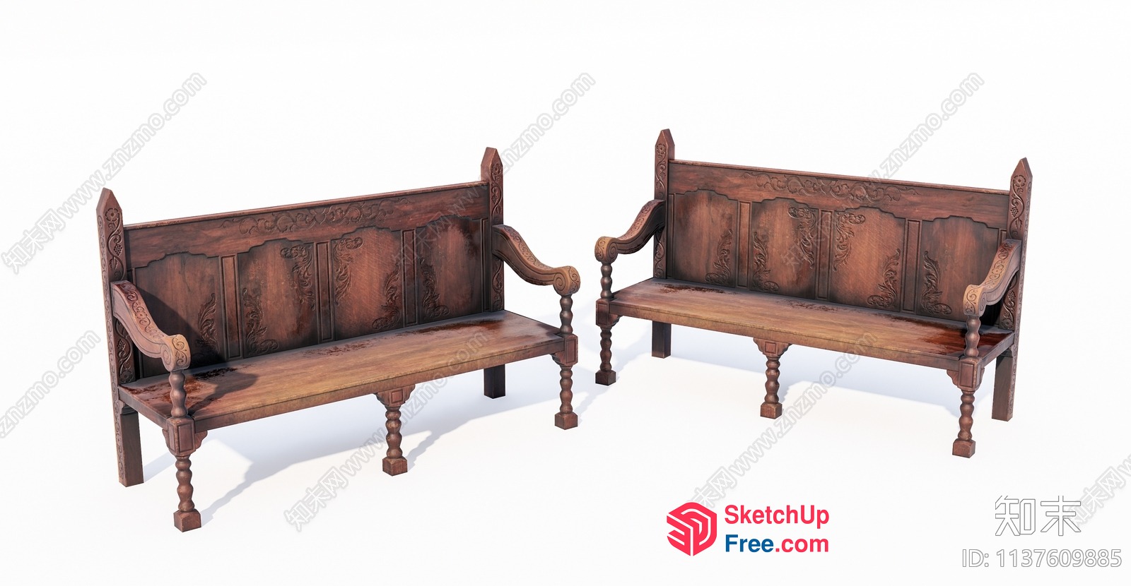 Traditional Carved Wooden Bench Set 3D SketchUp File