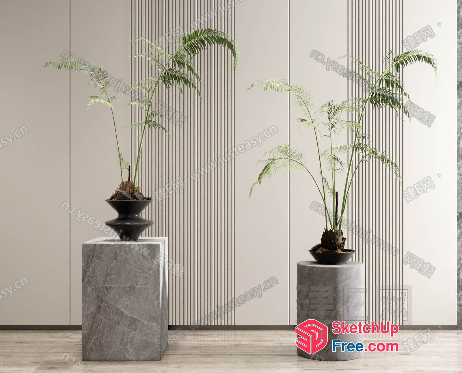 Two Potted Plants On Marble Pedestals 3D SketchUp File