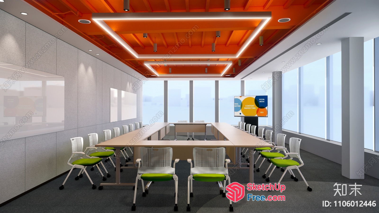 Modern Conference Room With Orange Ceiling And White Walls 3D SketchUp File