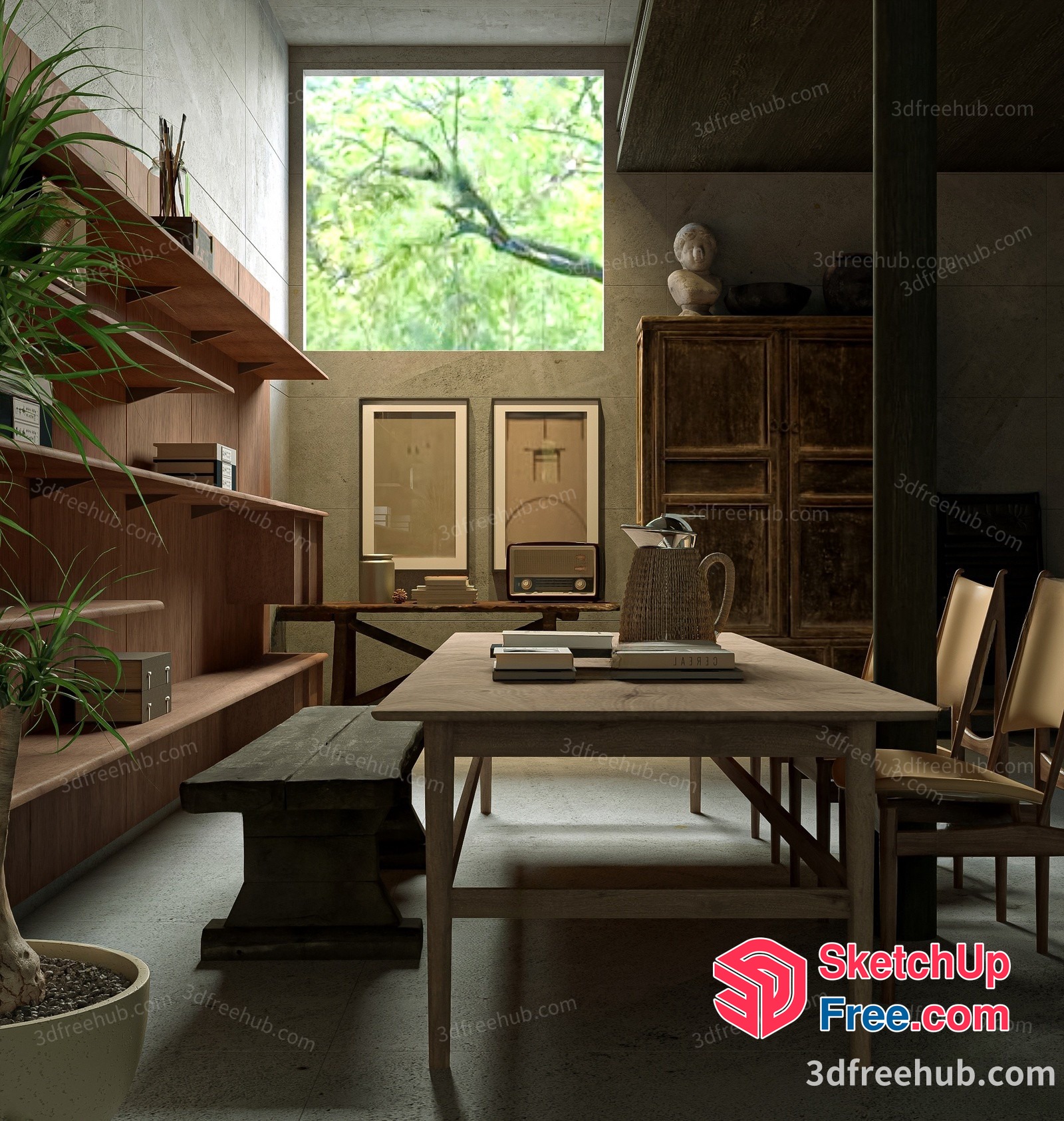 Modern Minimalist Interior With Large Window And Wooden Furniture 3D SketchUp File