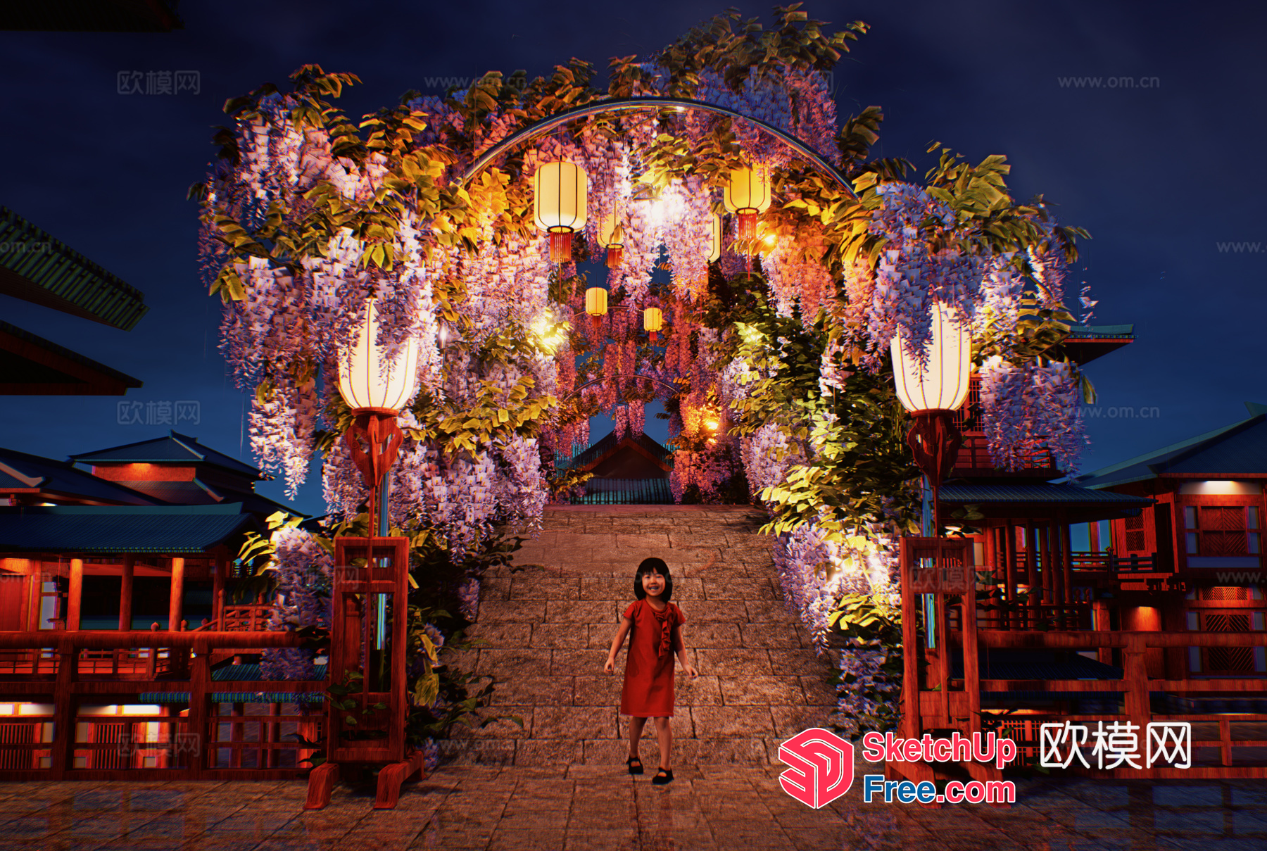 Elegant Asian-Style Archway With Lanterns And Wisteria 3D SketchUp File