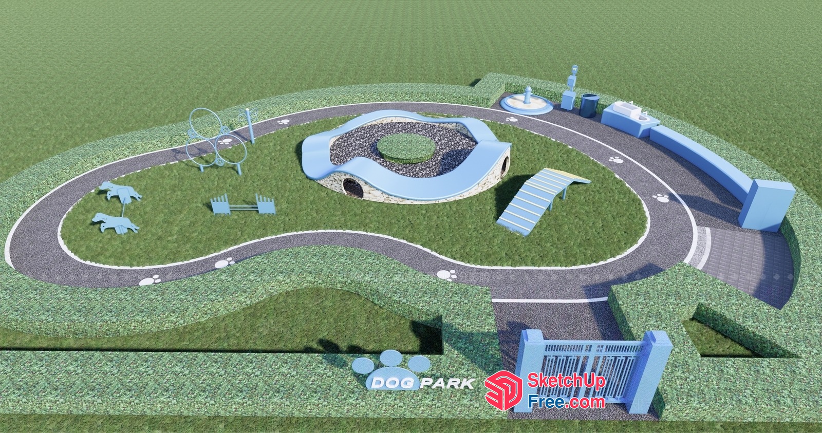 Dog Park Design With Curved Pathways And Play Areas 3D SketchUp File