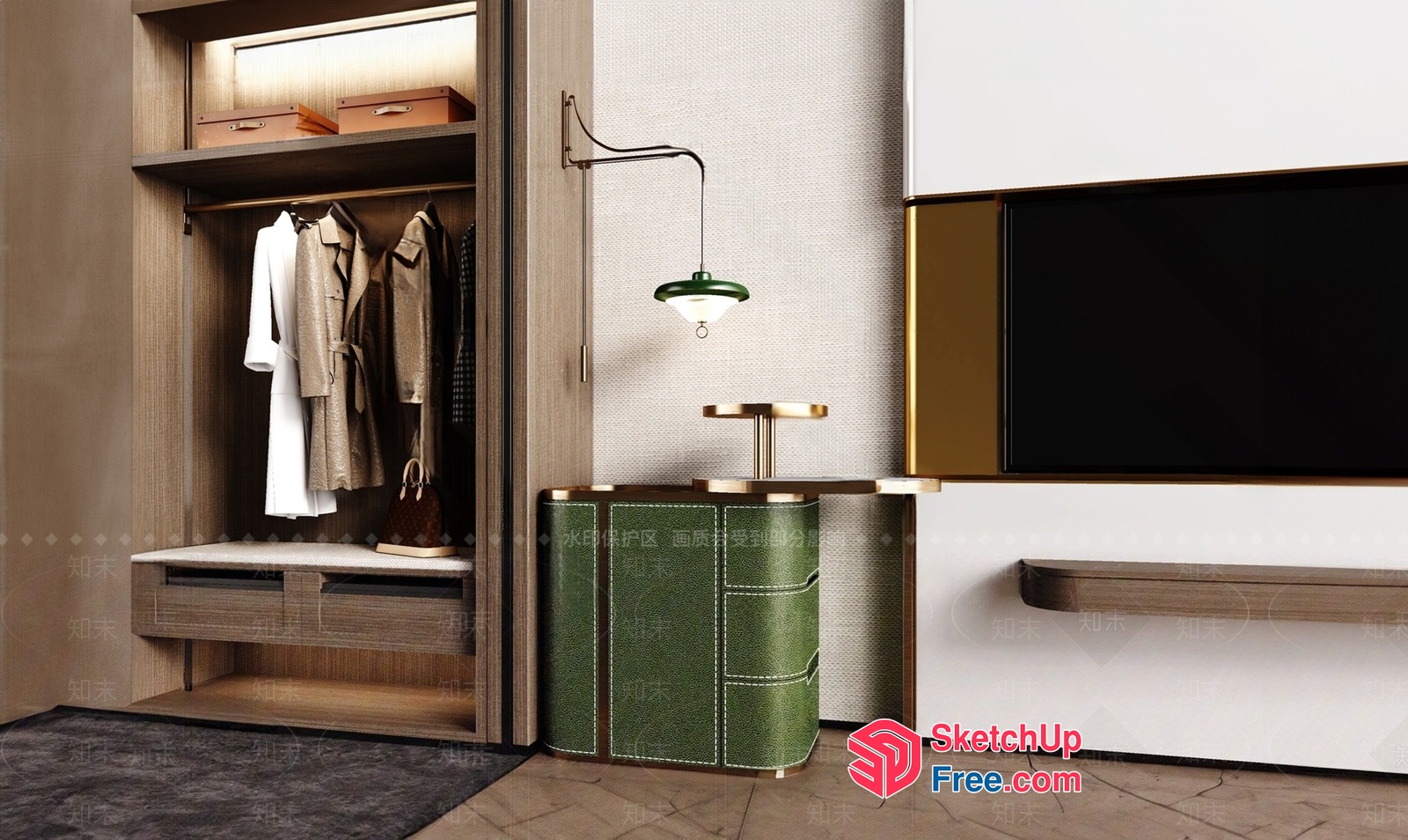 Modern Interior Design With Green Accents And Wood Furniture 3D SketchUp File