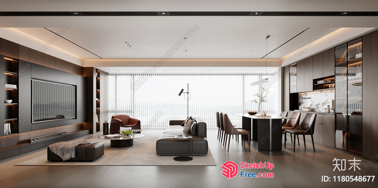 Modern Minimalist Living Room With Dining Area 3D SketchUp File
