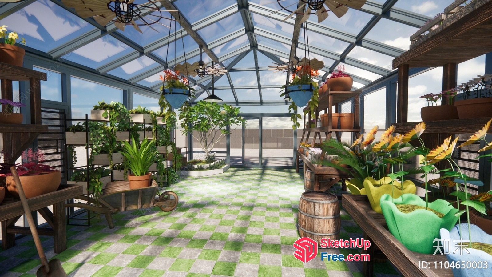 Greenhouse With Potted Plants And Wooden Shelves 3D SketchUp File