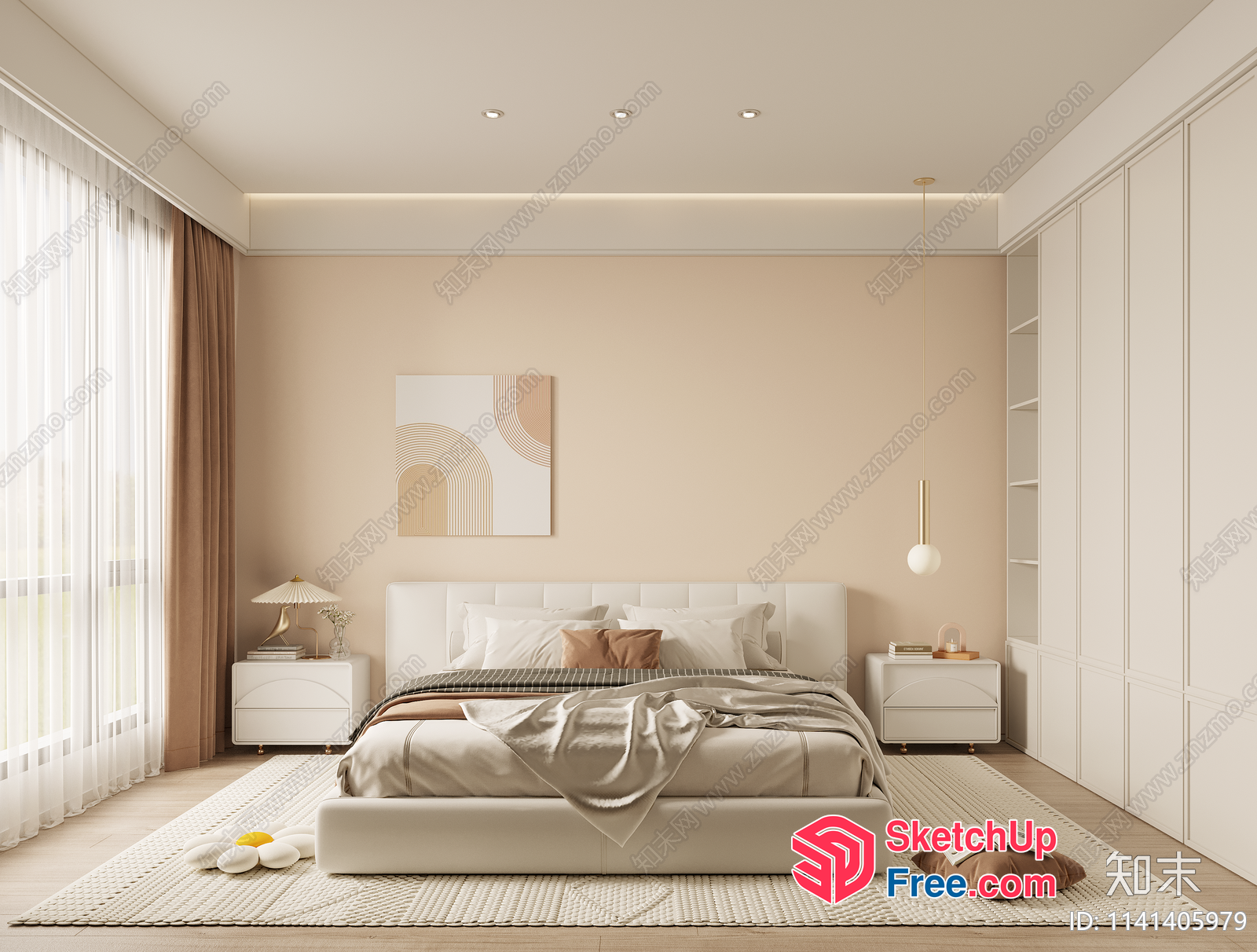 Modern Minimalist Bedroom With Creamy Style Decor 3D SketchUp File