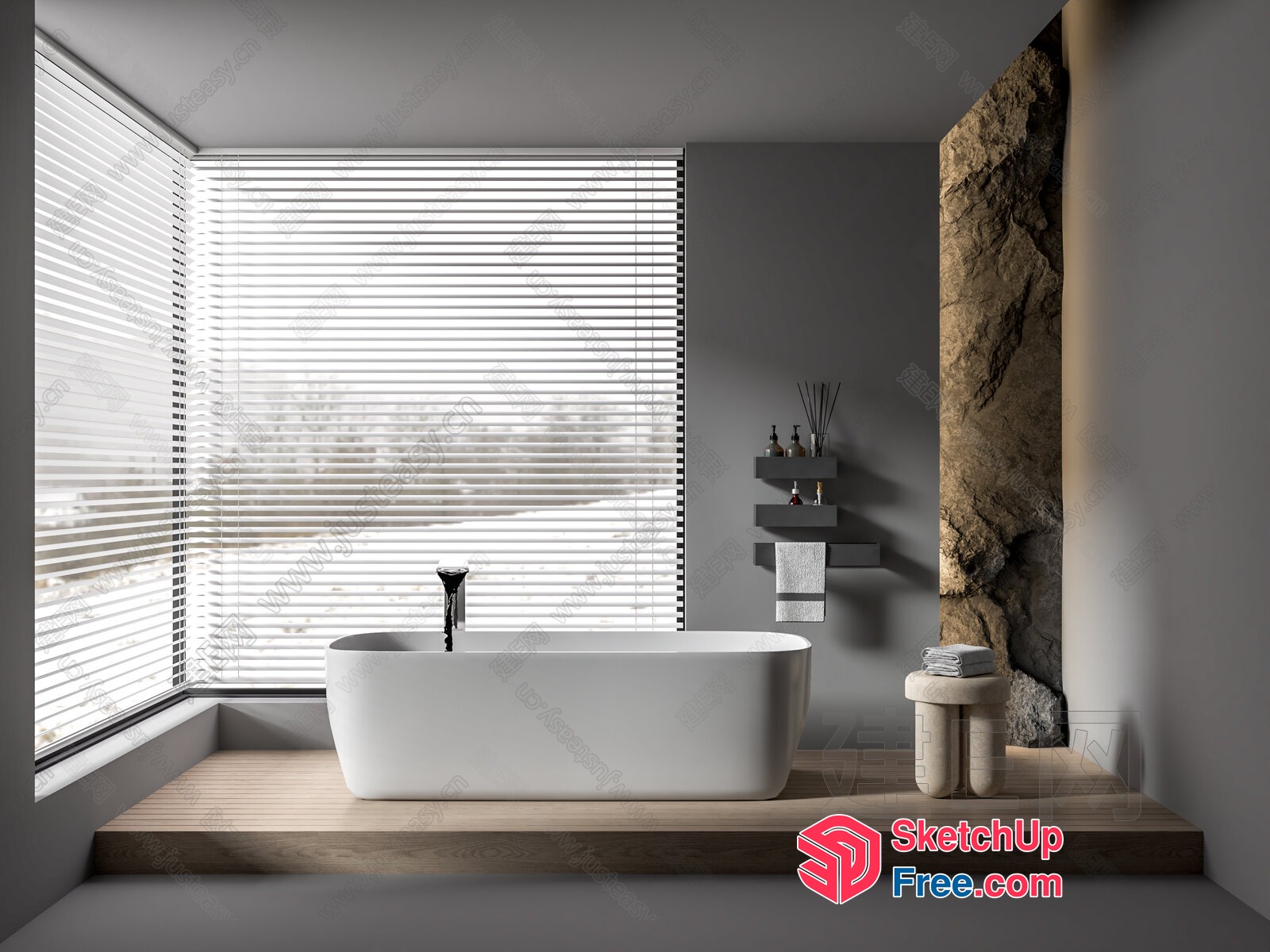 Modern Bathroom With Large Window And Stone Accent Wall 3D SketchUp File