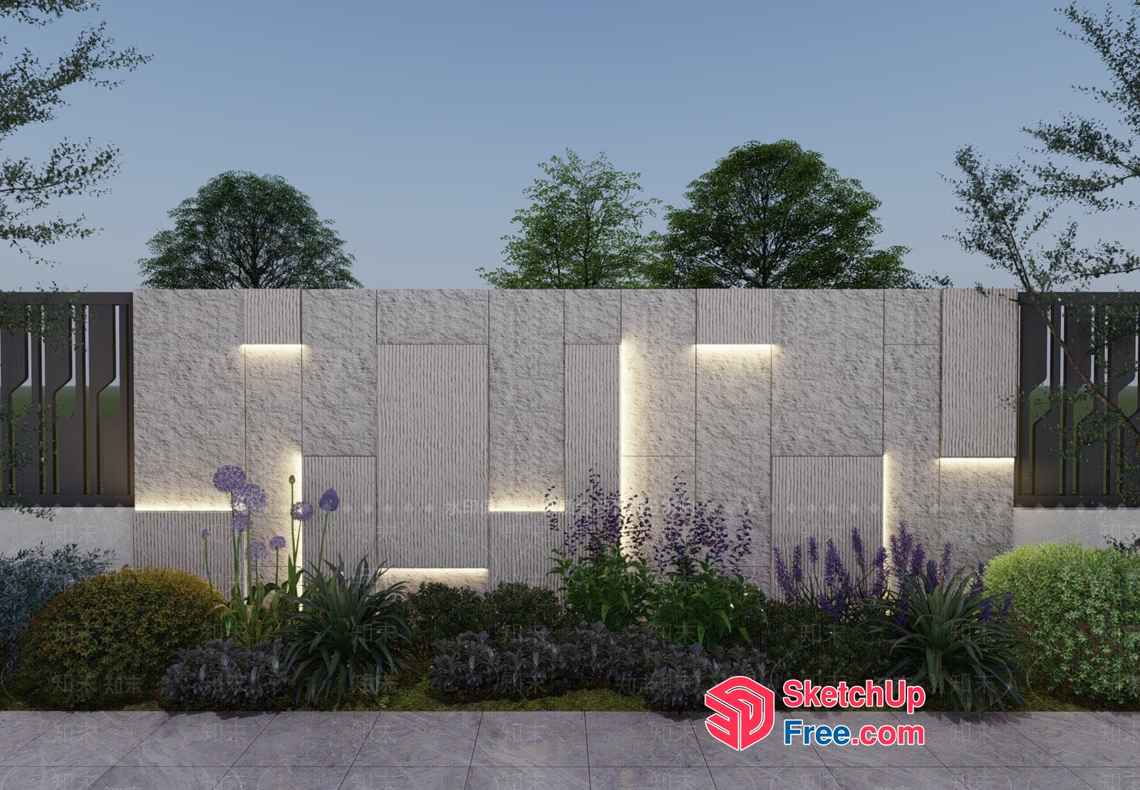 Modern Exterior Design With Textured Wall And Garden 3D SketchUp File