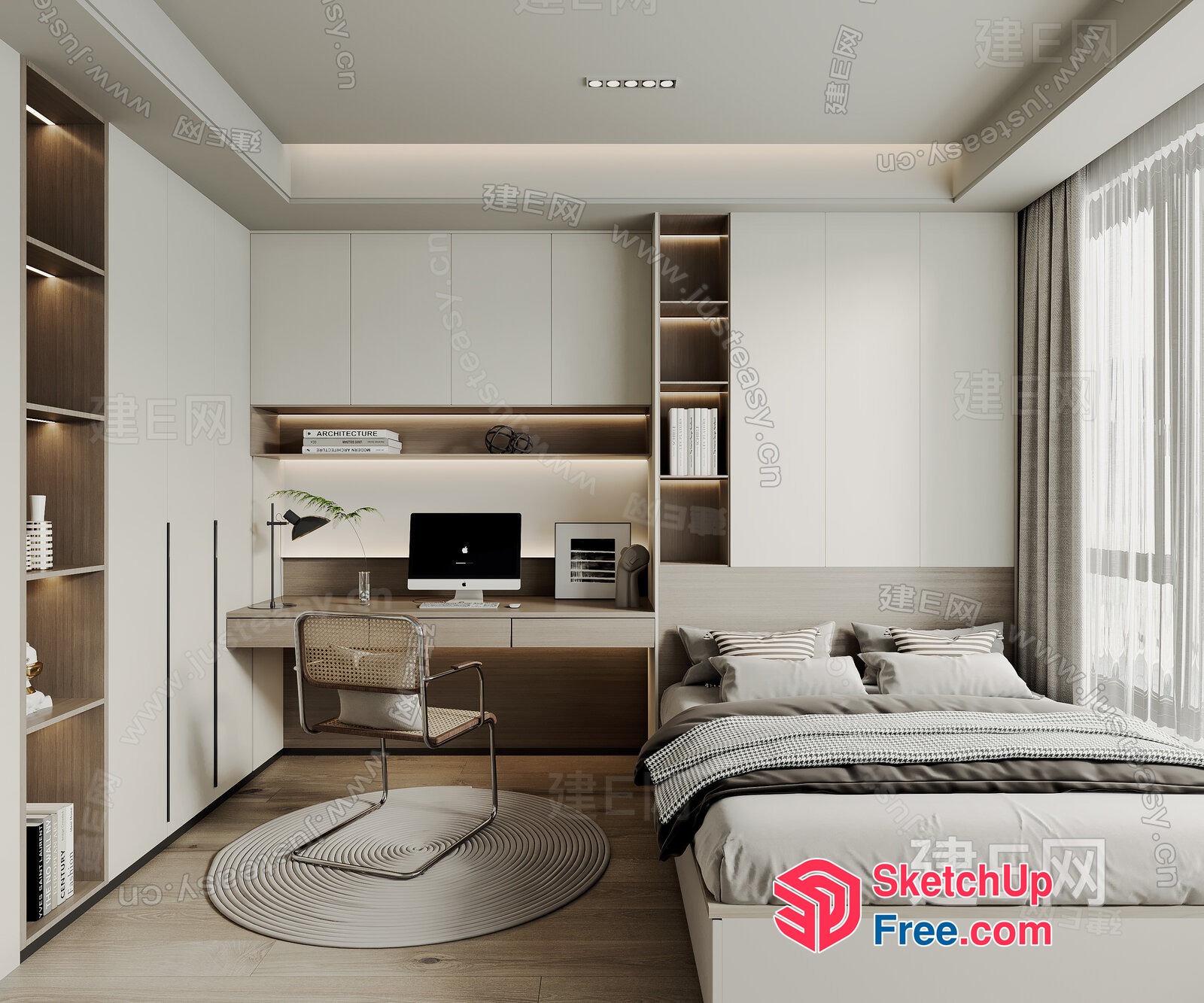 Modern Minimalist Bedroom With Built-In Shelves And Desk 3D SketchUp File