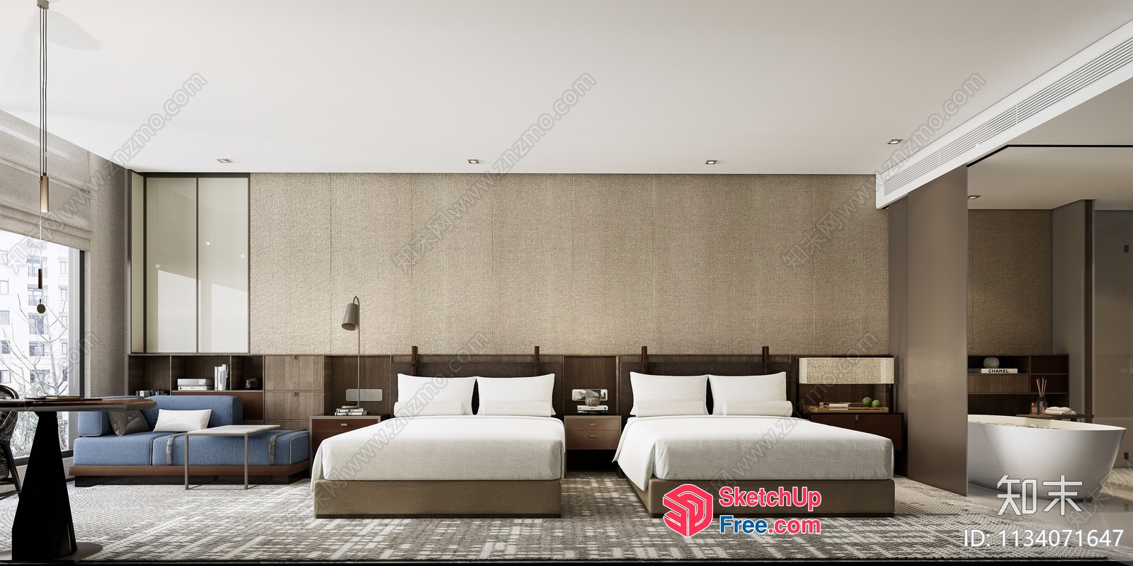Modern Hotel Room Interior With Two Beds And Large Windows 3D SketchUp File