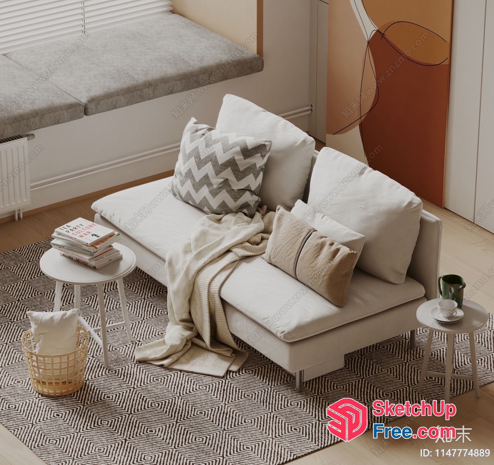 Modern Scandinavian Living Room With Creamy Sofa And Patterned Rug 3D SketchUp File