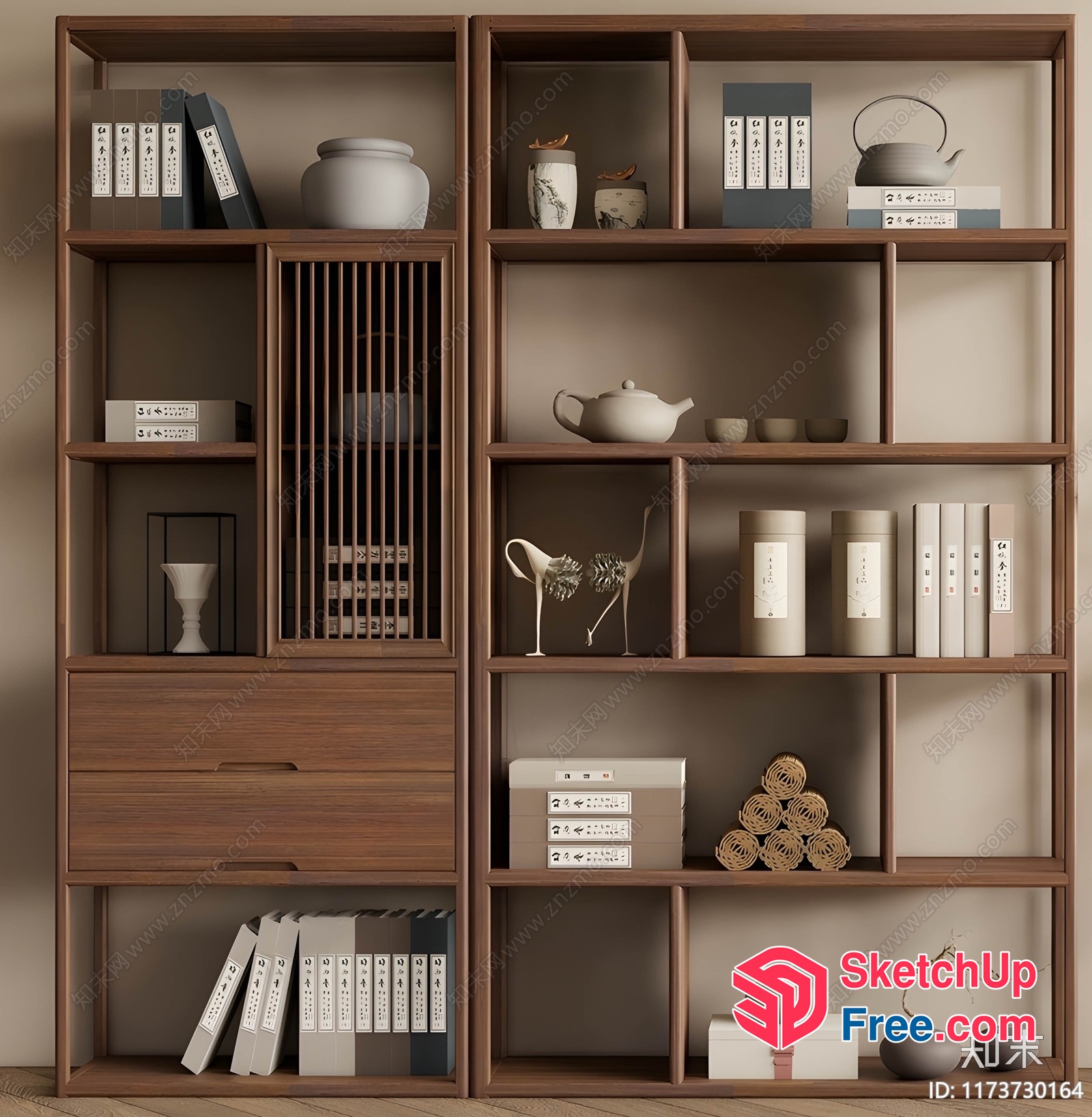 Elegant Wooden Bookcase With Various Decorative Items 3D SketchUp File