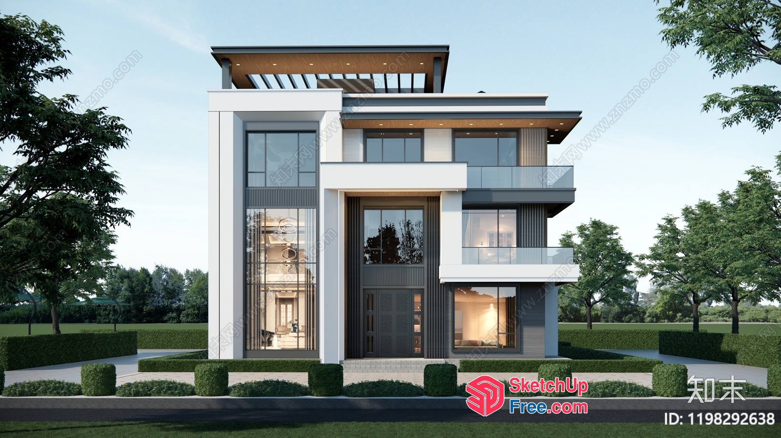 Modern Villa Exterior With Glass Curtain Wall 3D SketchUp File