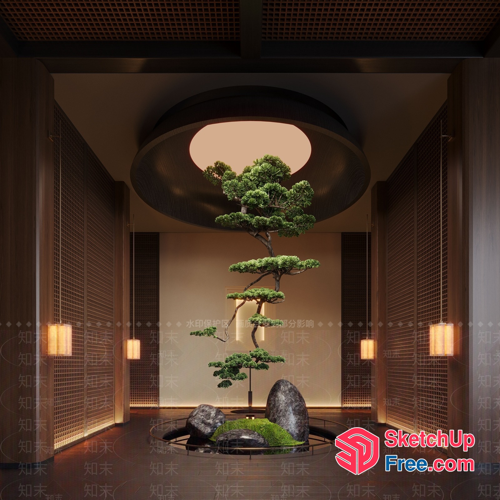 Elegant Japanese-Style Interior With Tree And Rocks 3D SketchUp File