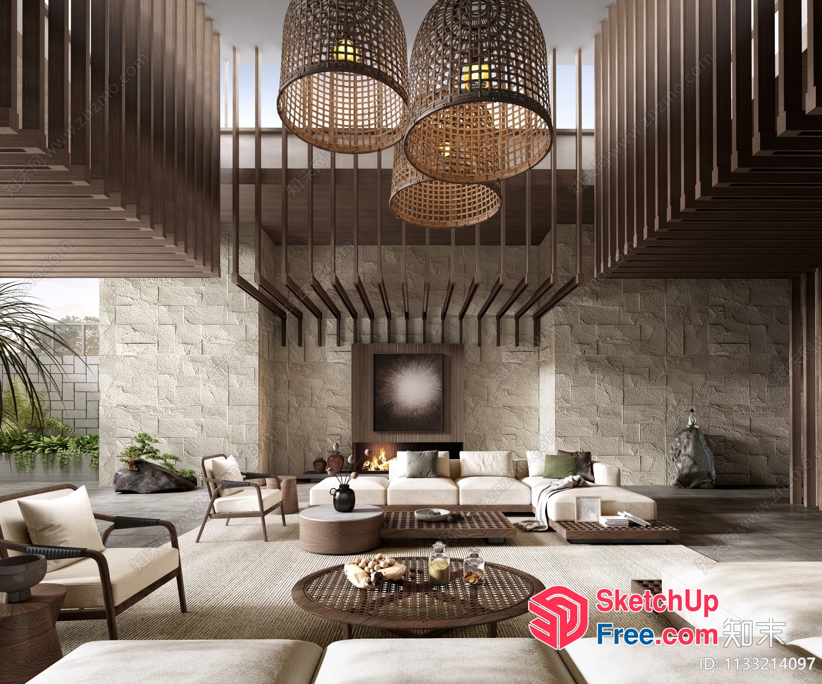 Modern Living Room With Rattan Furniture And Natural Light 3D SketchUp File