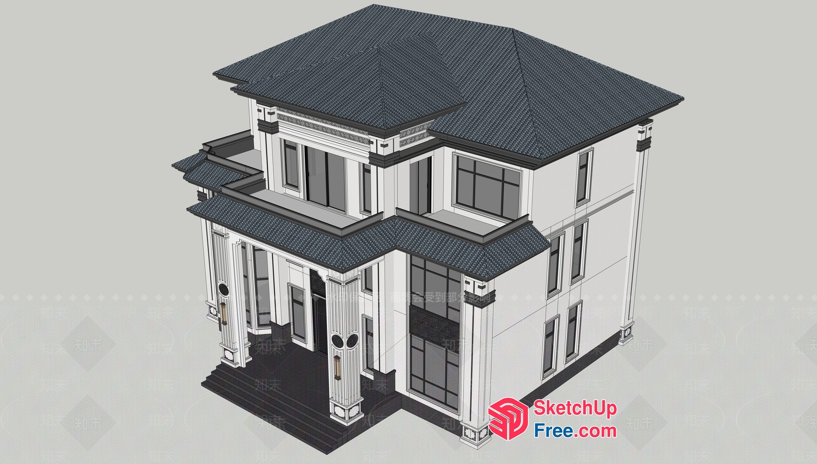Elegant Two-Story White Villa With Black Roof And Pillars 3D SketchUp File