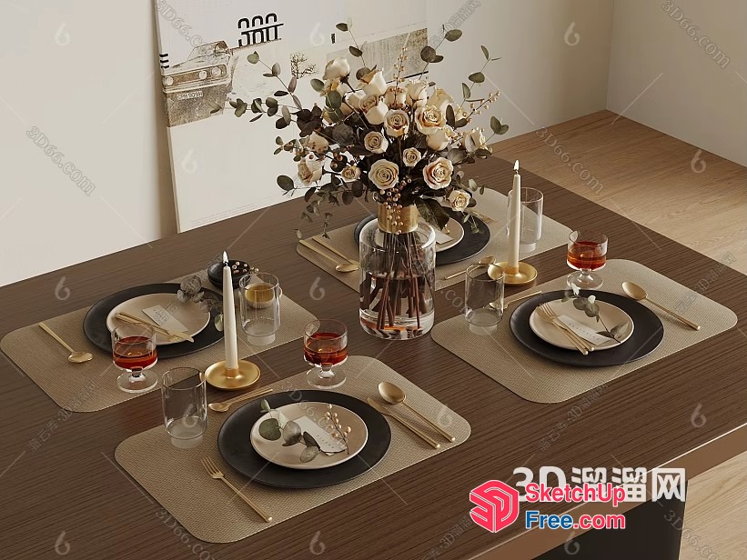 A Dining Table Set With A Vase Of Flowers 3D SketchUp File