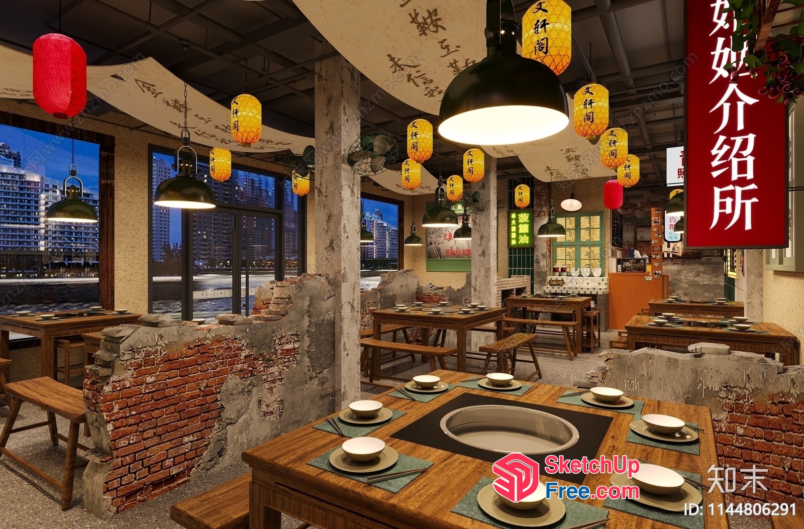 Rustic Asian Dining Room With Brick Accent Wall 3D SketchUp File