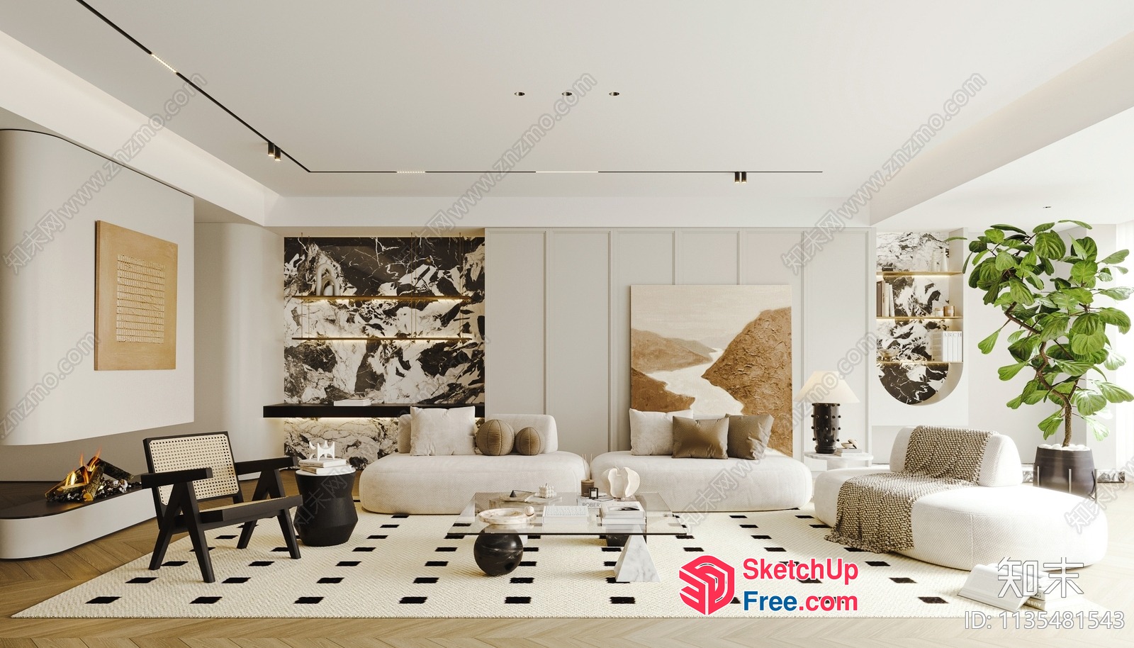 Modern And Elegant Living Room With Creamy Style Furniture 3D SketchUp File