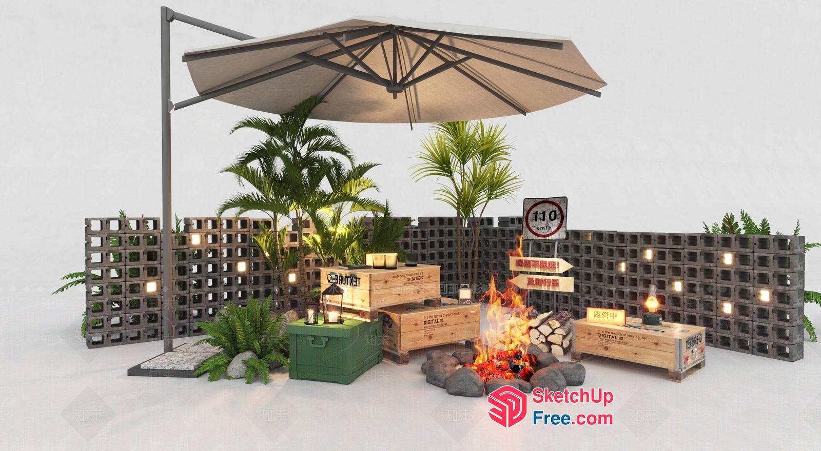 Outdoor Patio Decor With Fire Pit And Umbrella 3D SketchUp File