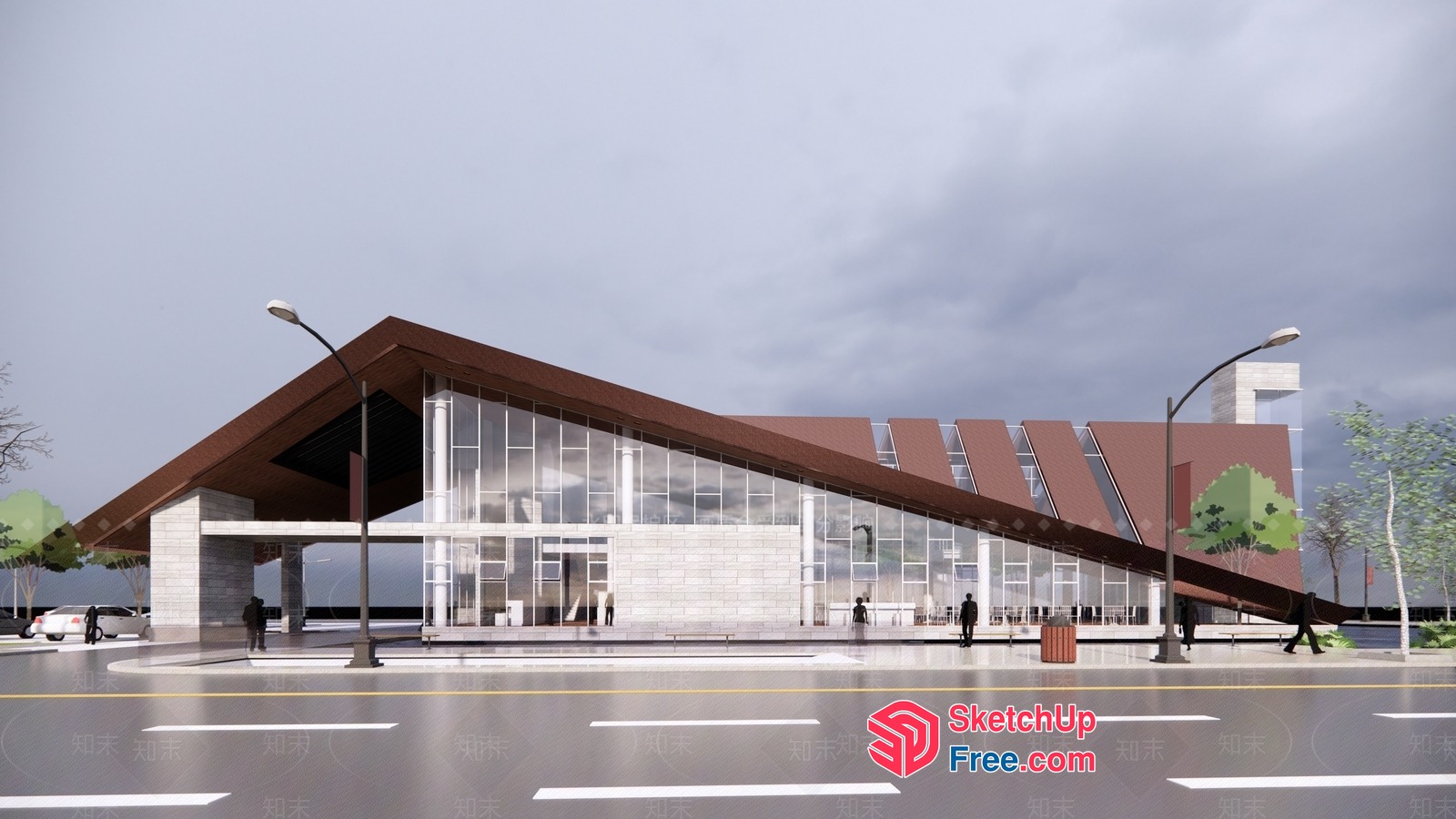 Modern Commercial Street Building With Glass Curtain Wall 3D SketchUp File