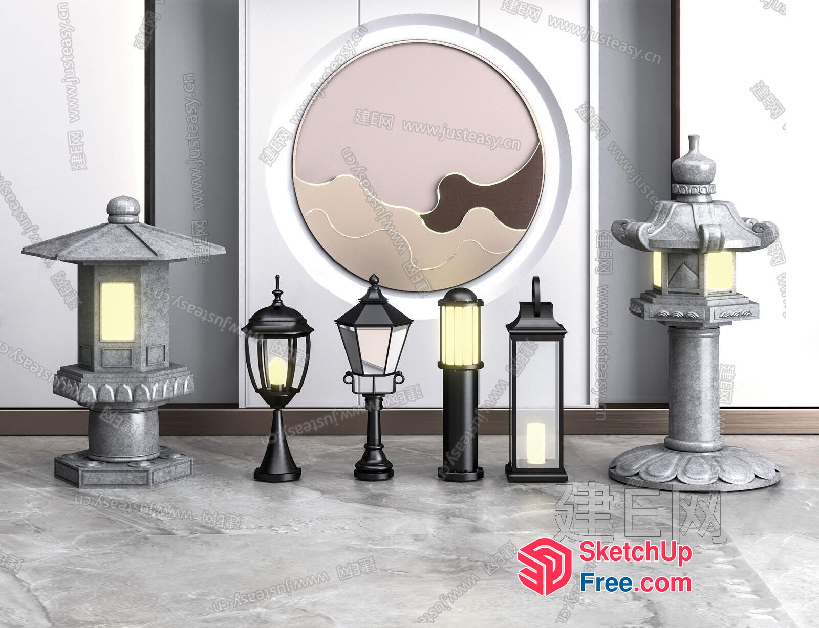 Elegant Japanese-Style Lanterns And Pillars 3D SketchUp File