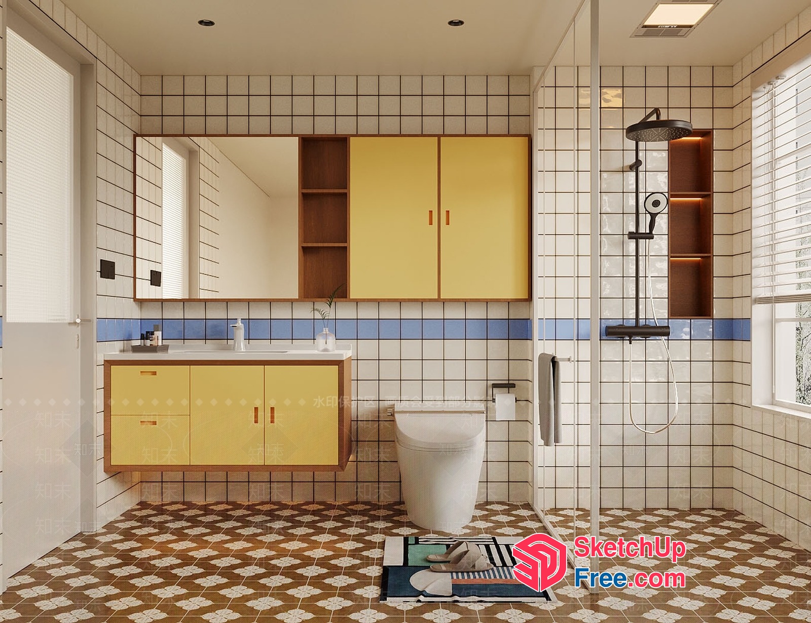 Retro-Style Bathroom With Patterned Tiles And Wooden Accents 3D SketchUp File