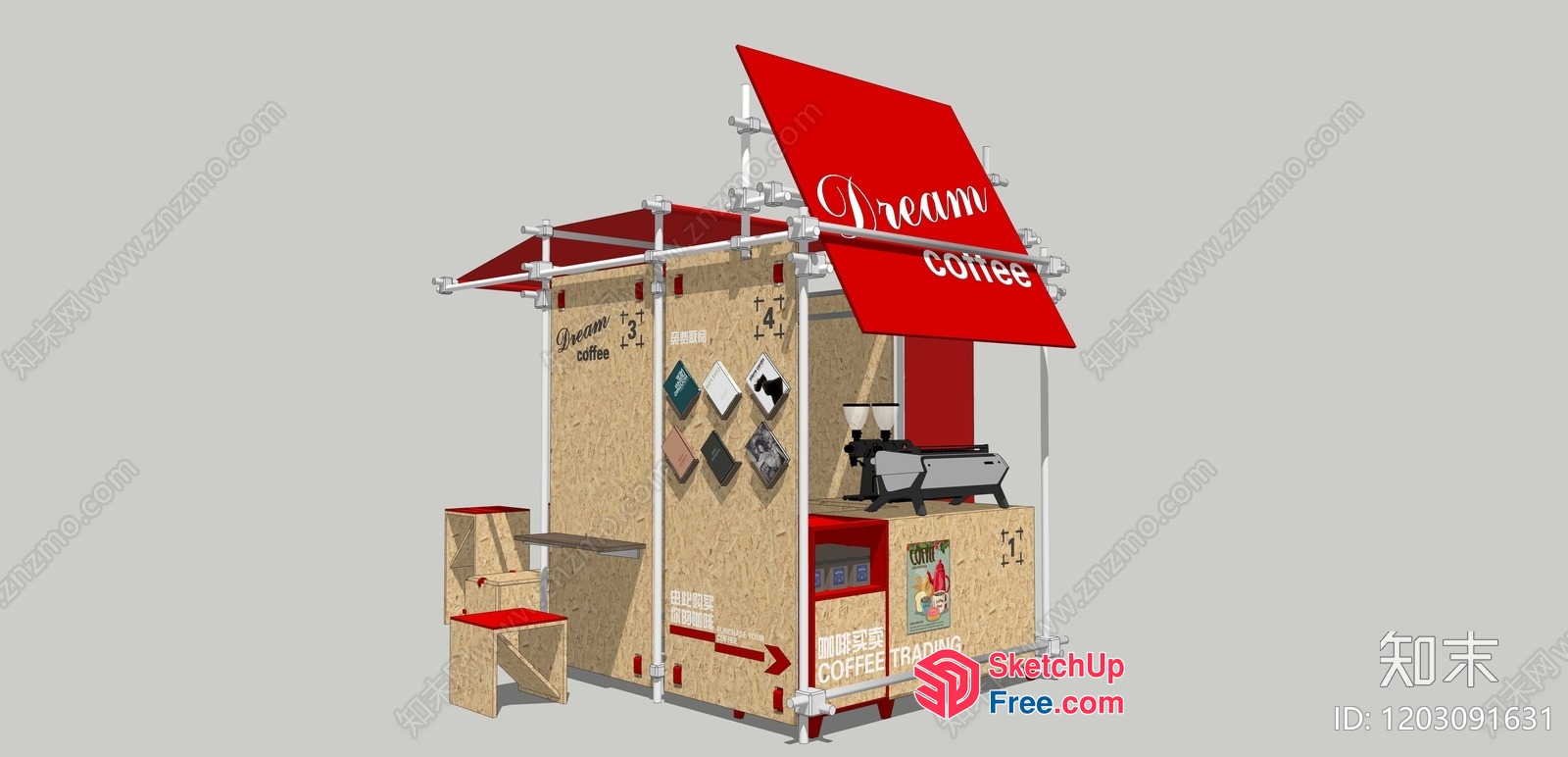 Coffee Shop Kiosk With Red And White Decor 3D SketchUp File