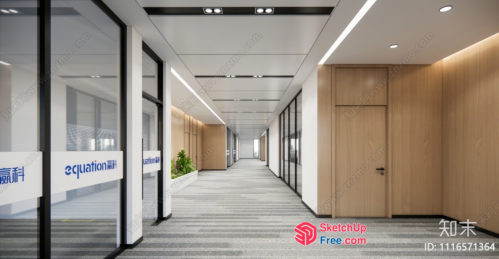 Modern Office Hallway With Wood Accents And Gray Carpet 3D SketchUp File