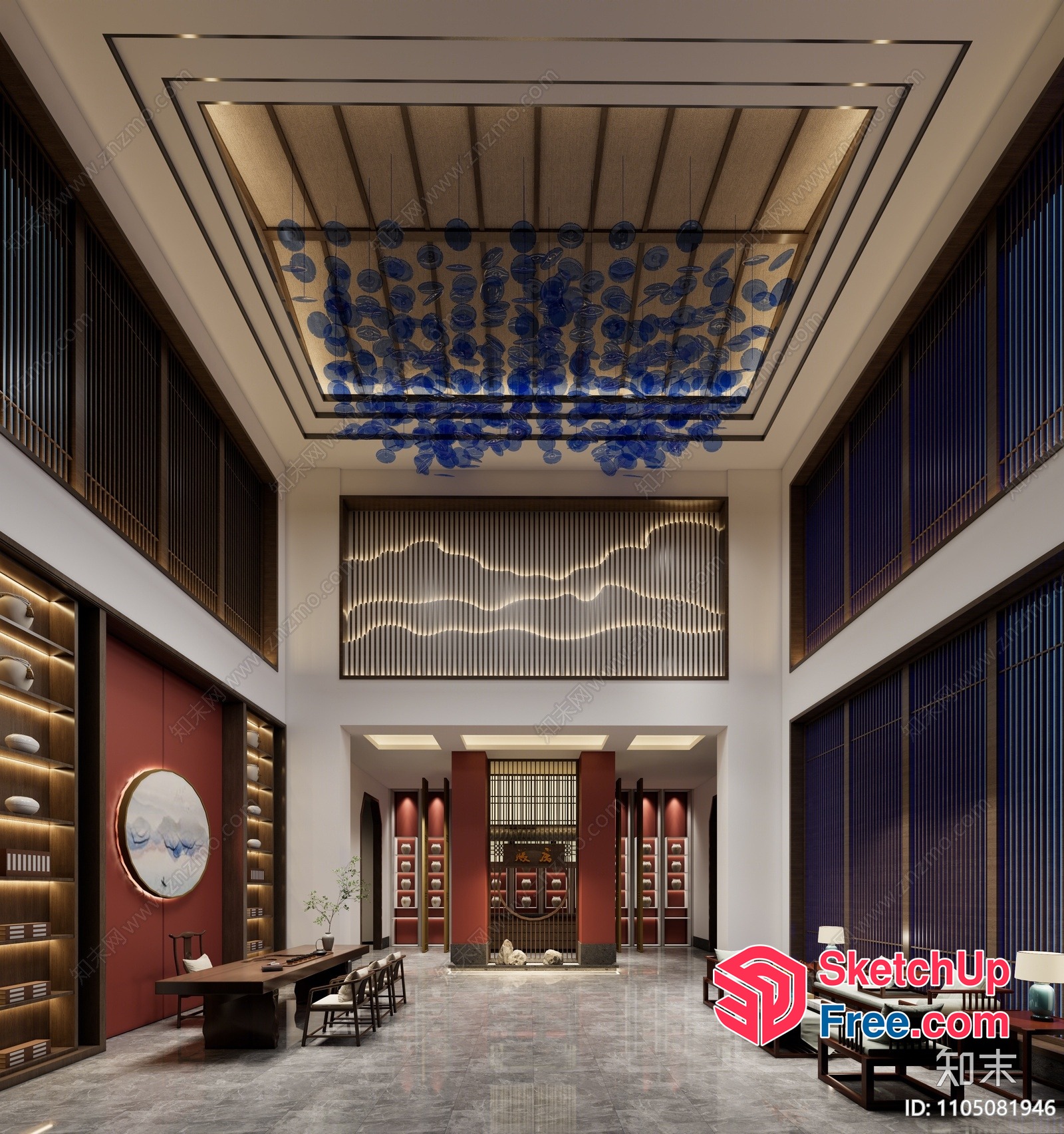 Modern Chinese-Style Interior Design With Elegant Ceiling Detail 3D SketchUp File