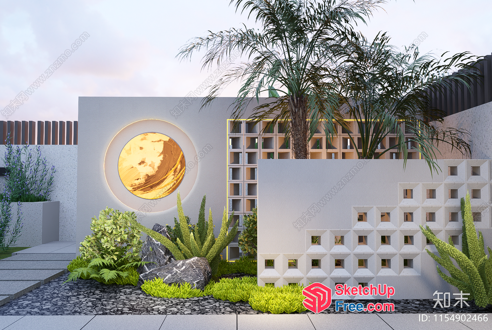 Exterior Decor With Modern Style Pillars And Plants 3D SketchUp File