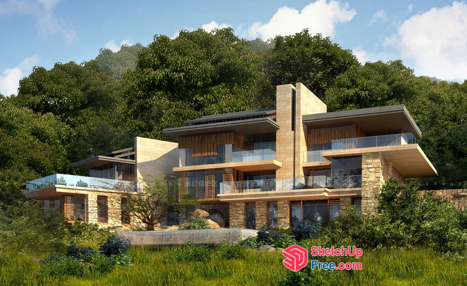 Modern Villa Exterior With Glass Curtain Wall And Balconies 3D SketchUp File