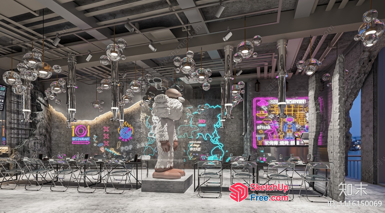 Modern Industrial Restaurant Interior With Neon Accents 3D SketchUp File