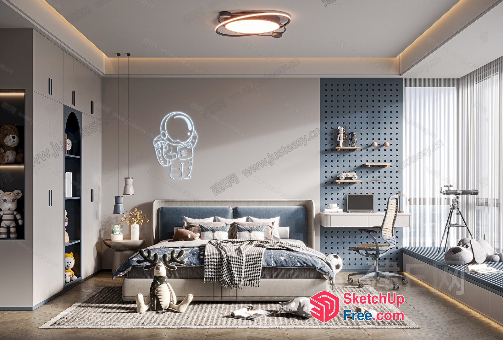 Modern Blue And White Children'S Bedroom With Astronaut Theme 3D SketchUp File