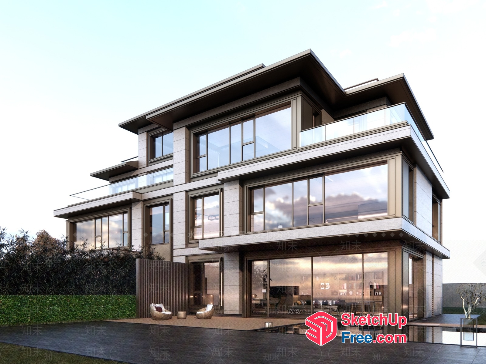 Modern Glass Curtain Wall Villa Exterior 3D SketchUp File
