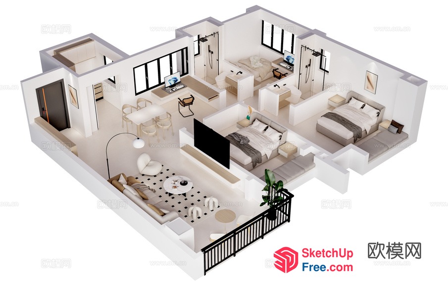 3D Floor Plan Of A Modern Apartment With Balcony 3D SketchUp File
