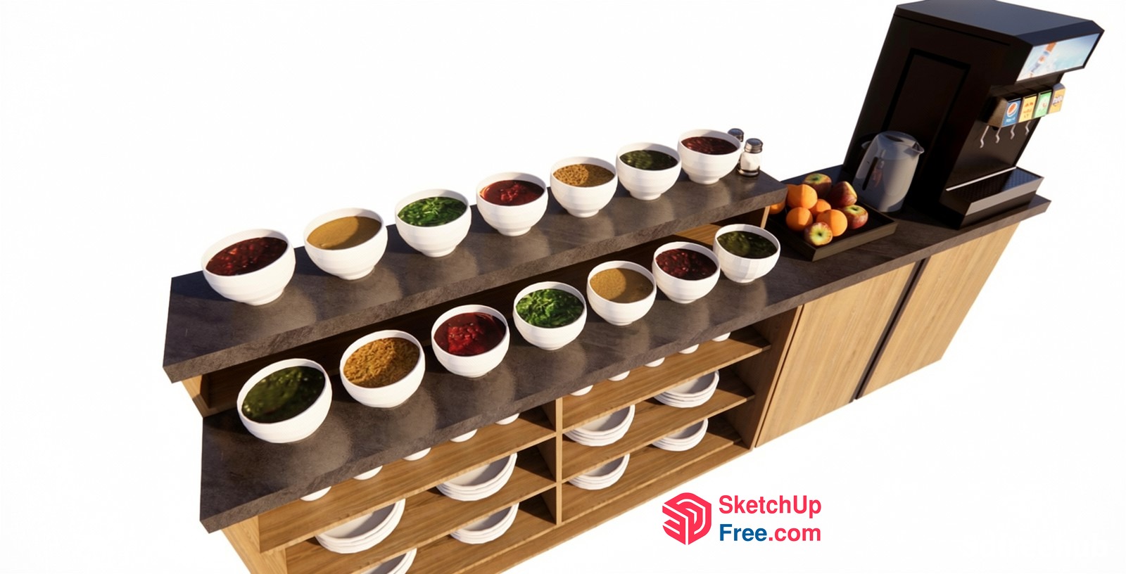 Modern Buffet Display With Varied Food Options And Beverage Station 3D SketchUp File