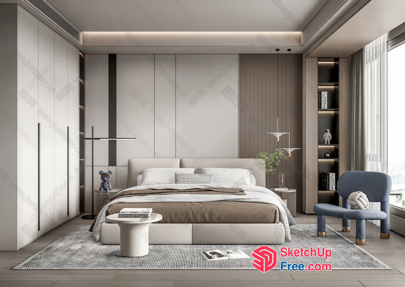 Modern Minimalist Bedroom With Creamy Style Bed Head Tab 3D SketchUp File