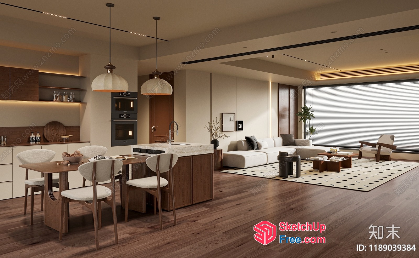 Modern Kitchen And Dining Room With White And Wood Accents 3D SketchUp File
