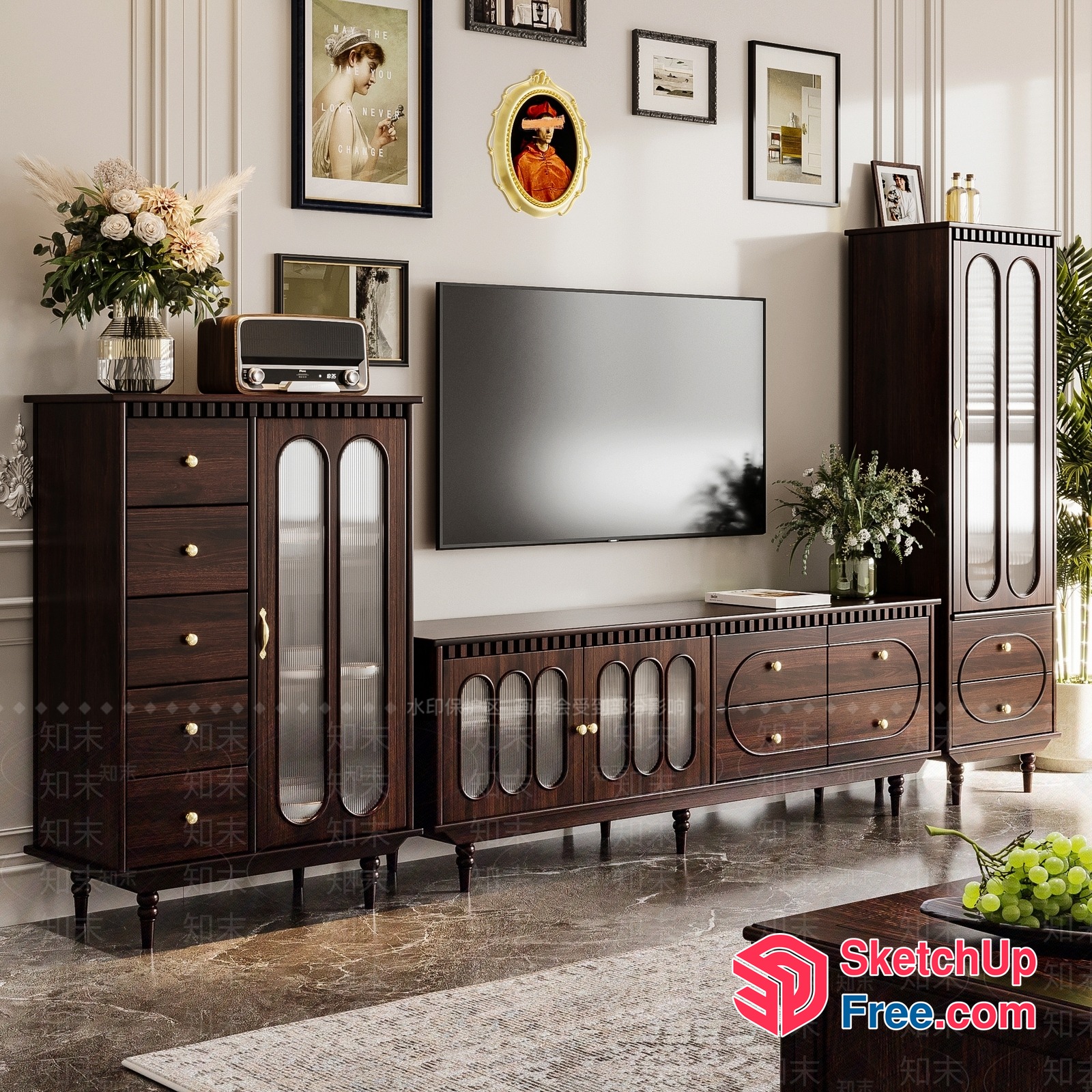 Elegant Dark Wood Furniture And Tv Unit With Decorative Elements 3D SketchUp File