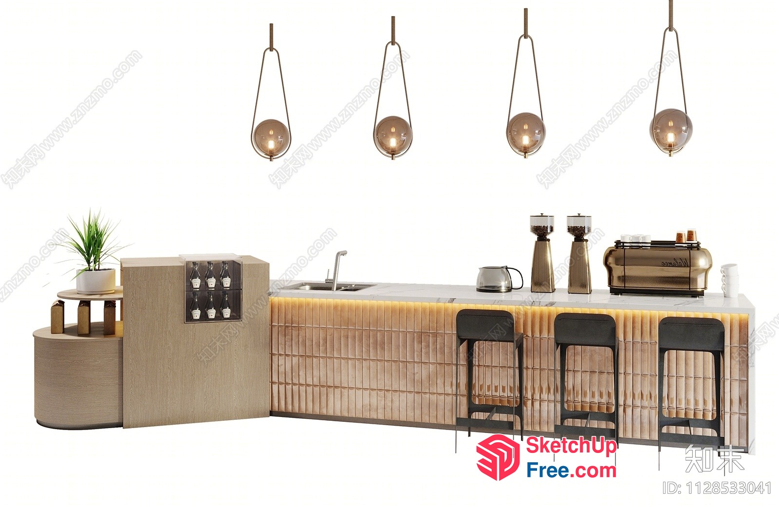 Modern Coffee Shop Interior With Sleek Bar Stools And Hanging Lights 3D SketchUp File