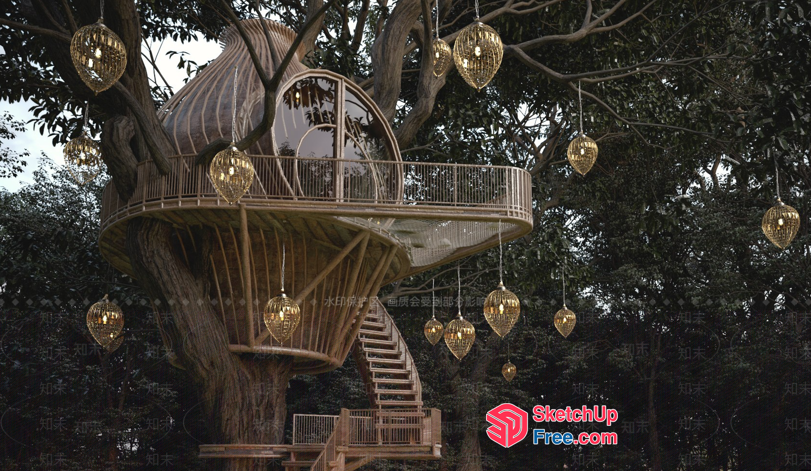 Treehouse With Balcony And Stairs 3D SketchUp File
