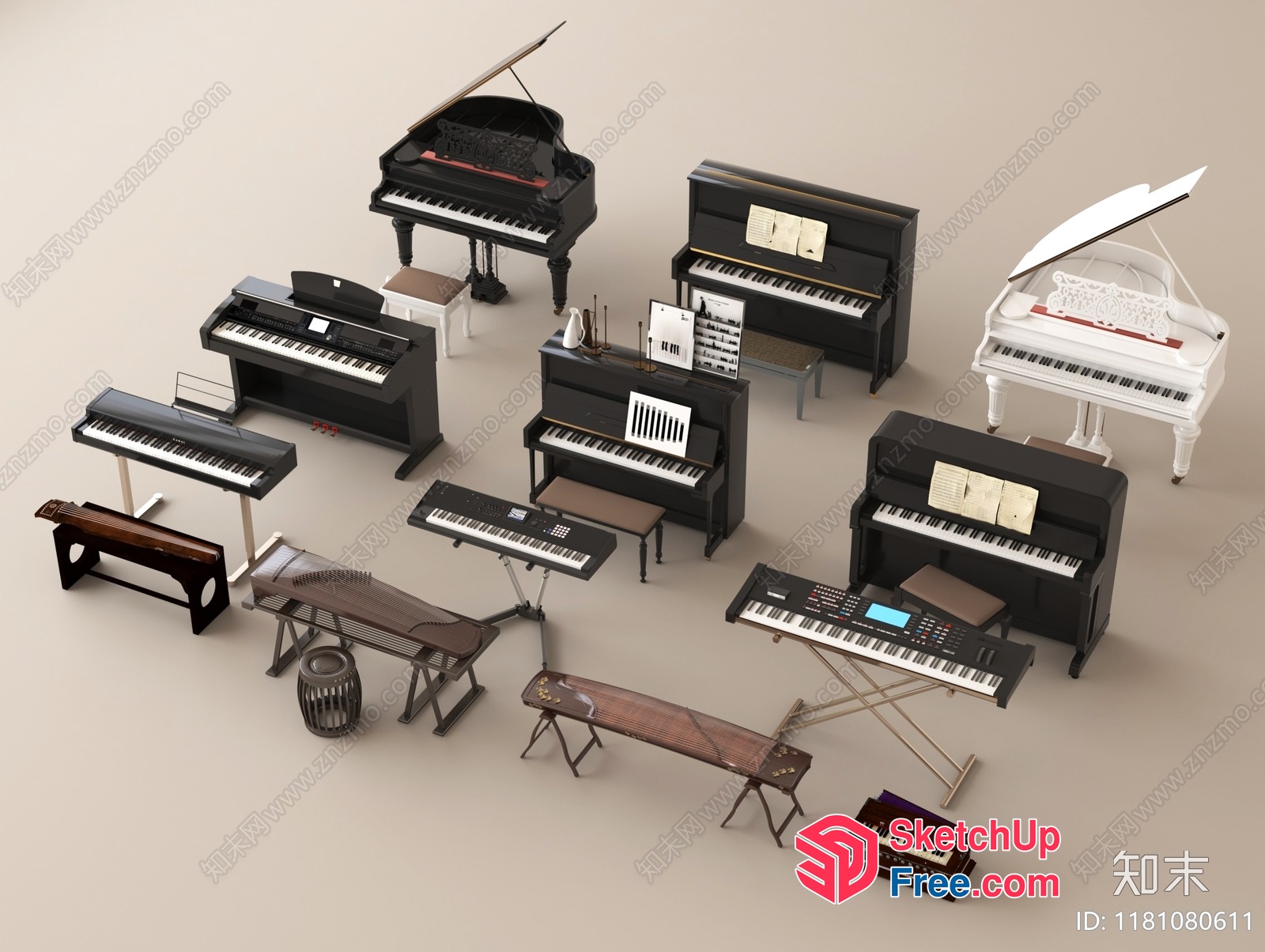 Pianos And Keyboards Of Various Styles And Sizes 3D SketchUp File
