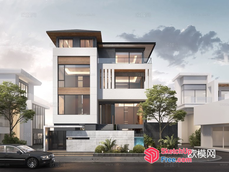 Modern Three-Story Villa Exterior With Balcony 3D SketchUp File
